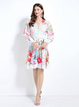 V-neck Single-breasted Printed Short Dress