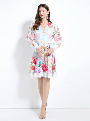 V-neck Single-breasted Printed Short Dress