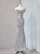 Silver Mermaid Sequins Straps Pleats Prom Dress