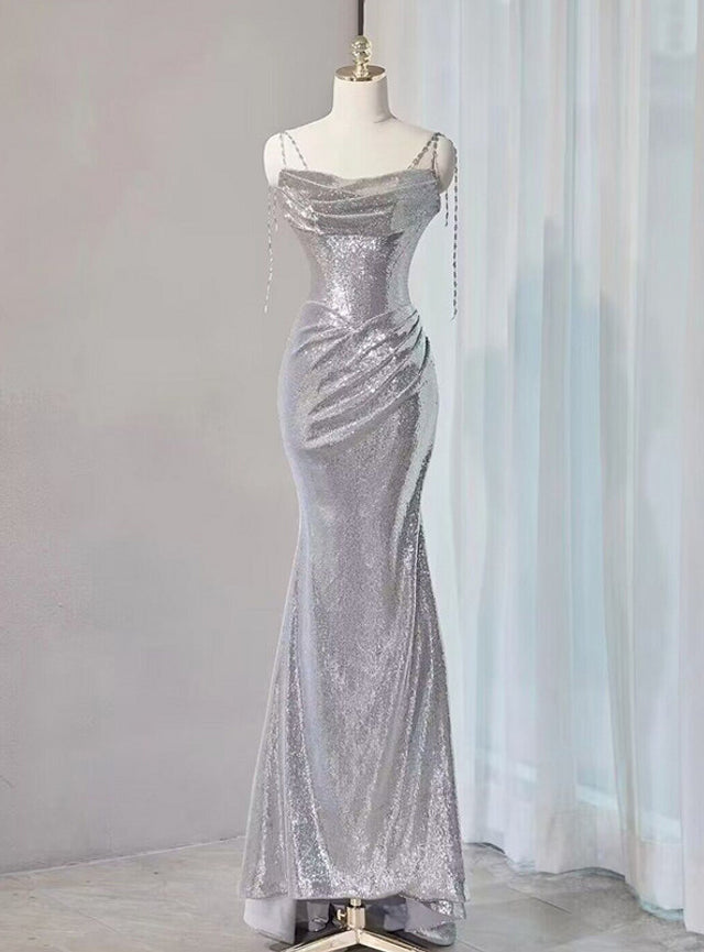Silver Mermaid Sequins Straps Pleats Prom Dress