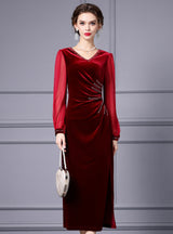 Green Velvet Pleats Beading Mother Of The Bride Dress