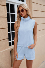 High Neck Sleeveless Vest Drawstring Pocket Shorts Suit