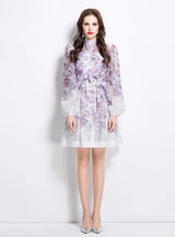 Double-breasted Lantern Sleeve Printed Dress