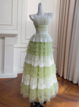 Green Tulle Lace Straps Tiers Prom Dress