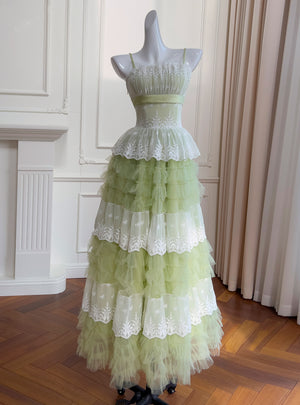 Green Tulle Lace Straps Tiers Prom Dress