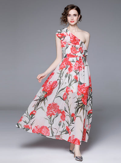 Flounce Sea Side Holiday Printed Chiffon Dress