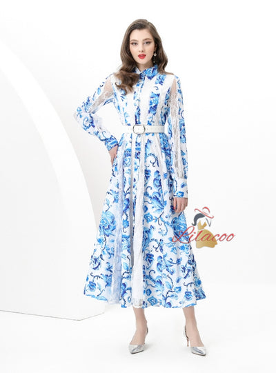 Spliced Wide Swing Printed Lace Long Dress