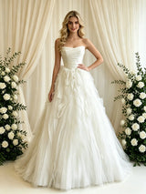 Beige White Tulle Strapless Pleats Wedding Dress