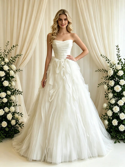 Beige White Tulle Strapless Pleats Wedding Dress