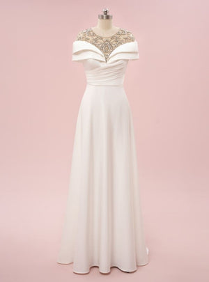 White Scoop Crystal Cap Sleeve Pleats Prom Dress