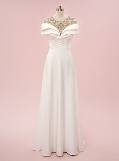 White Scoop Crystal Cap Sleeve Pleats Prom Dress