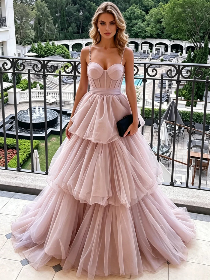 Pink Tulle Spaghetti Straps Prom Dress