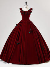 Burgundy Velvet Straps 3D Flower Bow Prom Dress