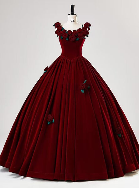 Burgundy Velvet Straps 3D Flower Bow Prom Dress