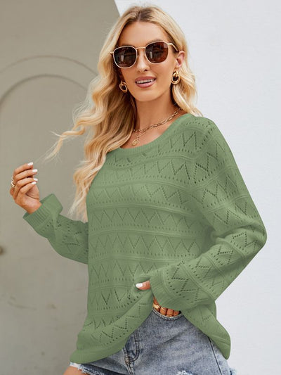 Loose Round Neck Hollow Knitted Long-sleeved Top