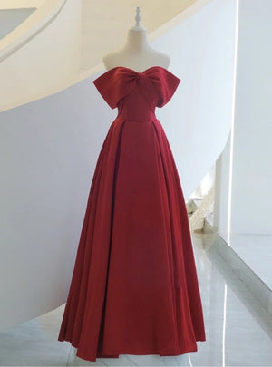 Burgundy Satin Off the Shoulder Pleats Prom Dress