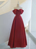 Burgundy Satin Off the Shoulder Pleats Prom Dress