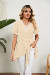 Solid Color Jacquard V-neck Loose Lace Chiffon Top