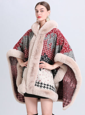 Loose Jacquard Fringed Hooded Cloak Shawl