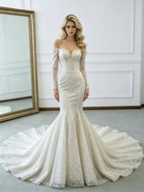 Beige White Mermaid Sequins Long Sleeve Wedding Dress