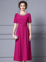 Black Short Sleeve Crystal Belt Mother Of The Bride Dress