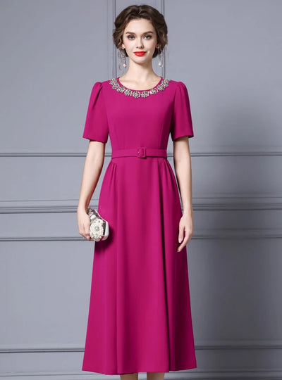 Black Short Sleeve Crystal Belt Mother Of The Bride Dress