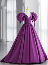 Purple Satin Puff Sleeve V-neck Backless Prom Dress