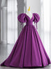 Purple Satin Puff Sleeve V-neck Backless Prom Dress
