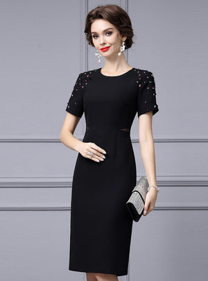 Black Short Sleeve Crystal Mother Of the Brides Dress
