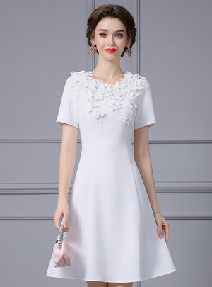 White Short Sleeve 3D Flower Mother Of the Brides Dress