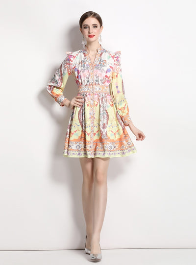 Retro Palace Style V-neck Print Slim Dress