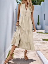Button Solid Color V-neck Sleeveless Dress