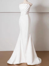 White Mermaid Pleats Pearls Wedding Dress