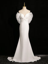 White Mermaid Straps Pearls Wedding Dress