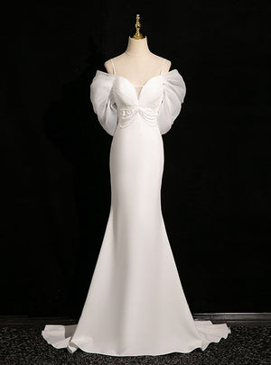 White Mermaid Straps Pearls Wedding Dress