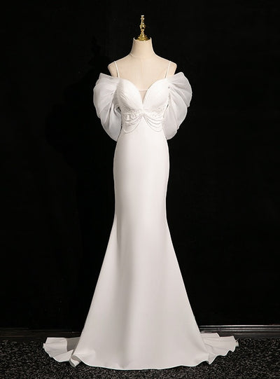 White Mermaid Straps Pearls Wedding Dress