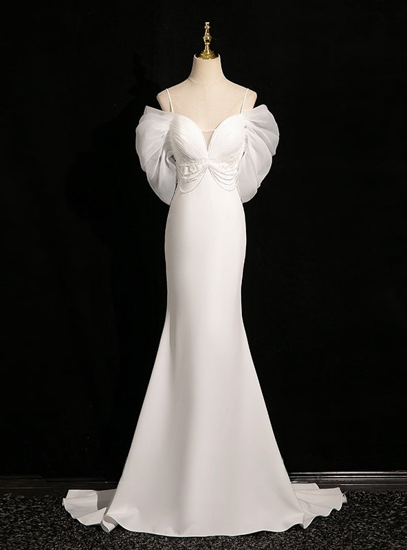 White Mermaid Straps Pearls Wedding Dress