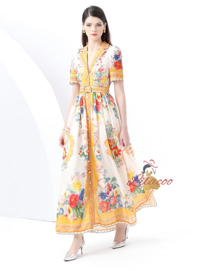 Short Sleeve Printed Short Sleeve Long Dress