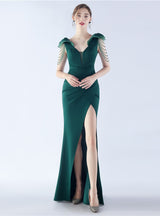 V-neck Mermaid Beading Split Prom Dress