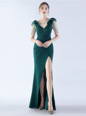 V-neck Mermaid Beading Split Prom Dress