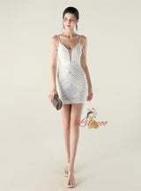Spaghetti Straps Sequins Beading Short Prom Dress