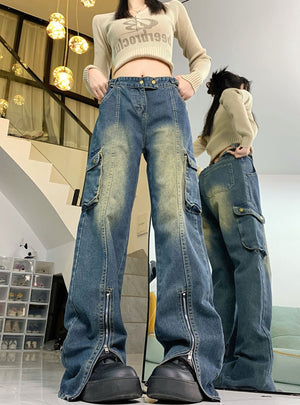 Retro Zipper Pocket Jeans Pant