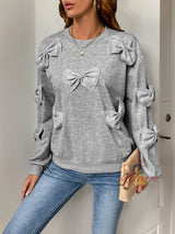 Casual Bow Splicing Gray Round Neck Top