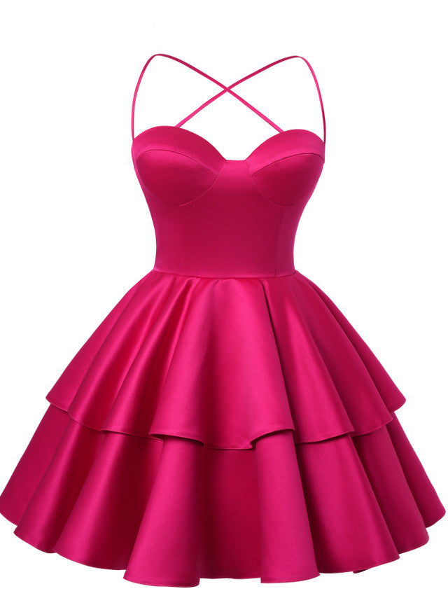 Fuchsia Satin Spaghetti Straps Homecoming Dress