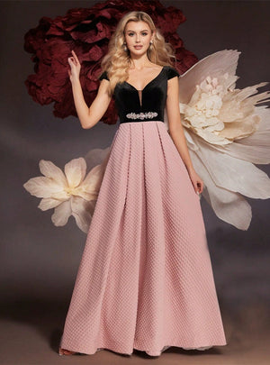 Black Velvet Cap Sleeve Beading Prom Dress