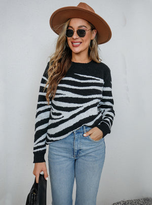 Knitted Striped Vintage Cotton Round Neck Sweater