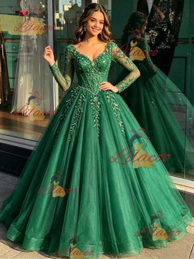 Green Tulle V-neck Long Sleeve Quinceanera Dress