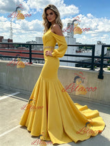 Yellow Mermaid Halter Long Sleeve Prom Dress