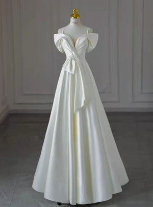 White Satin Spaghetti Straps Pleats Wedding Dress