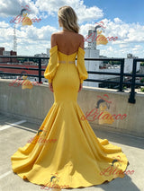 Yellow Mermaid Halter Long Sleeve Prom Dress